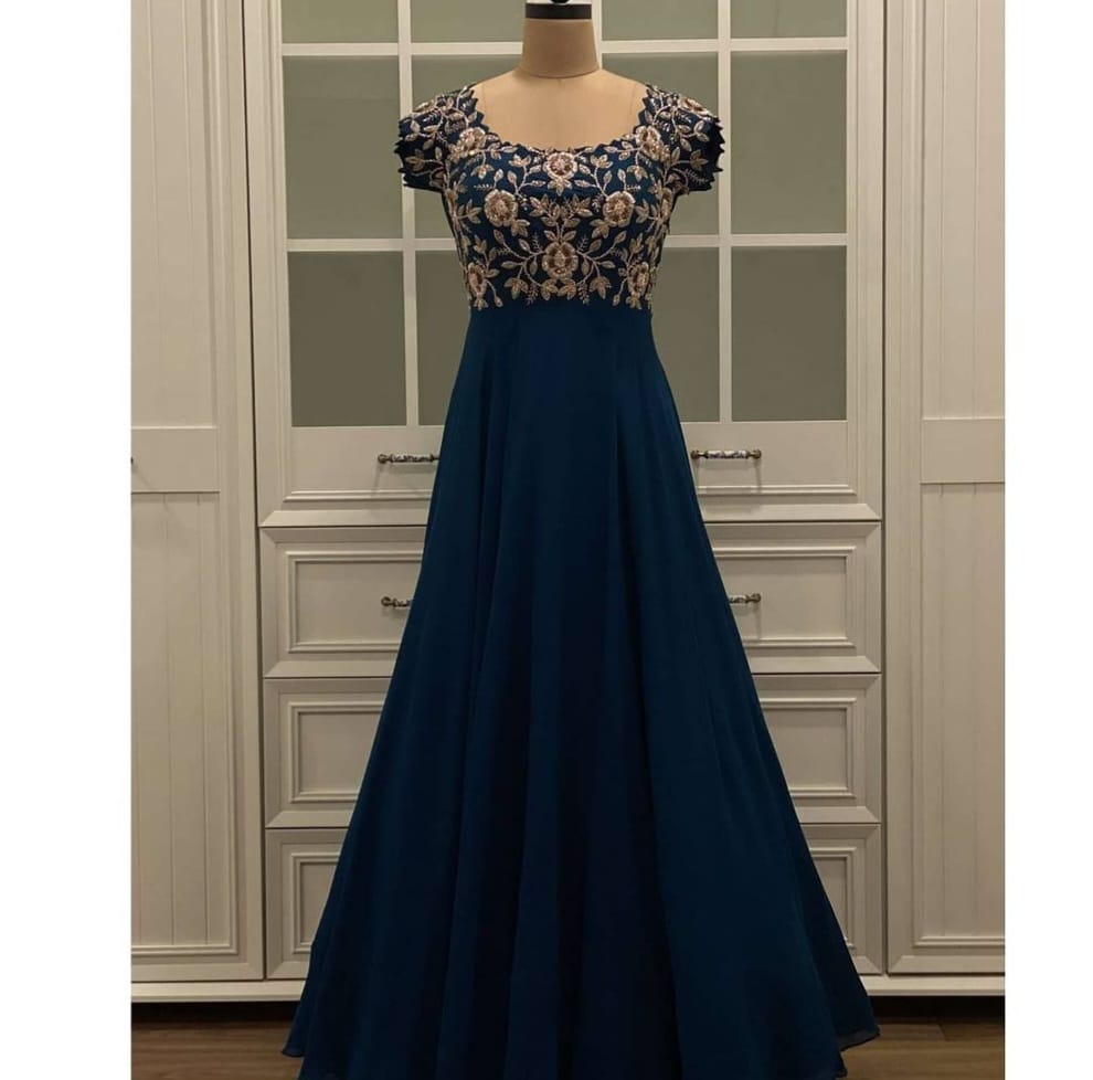 Designer Navy Blue Long Gown
