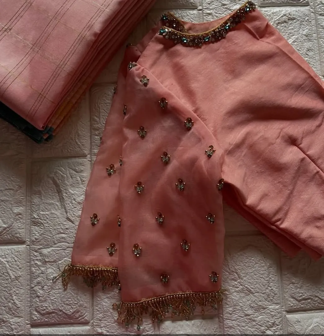 Graceful Peach Net Blouse – High Neck Sophistication