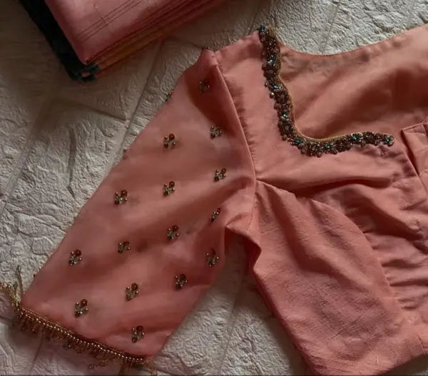 Graceful Peach Net Blouse – High Neck Sophistication