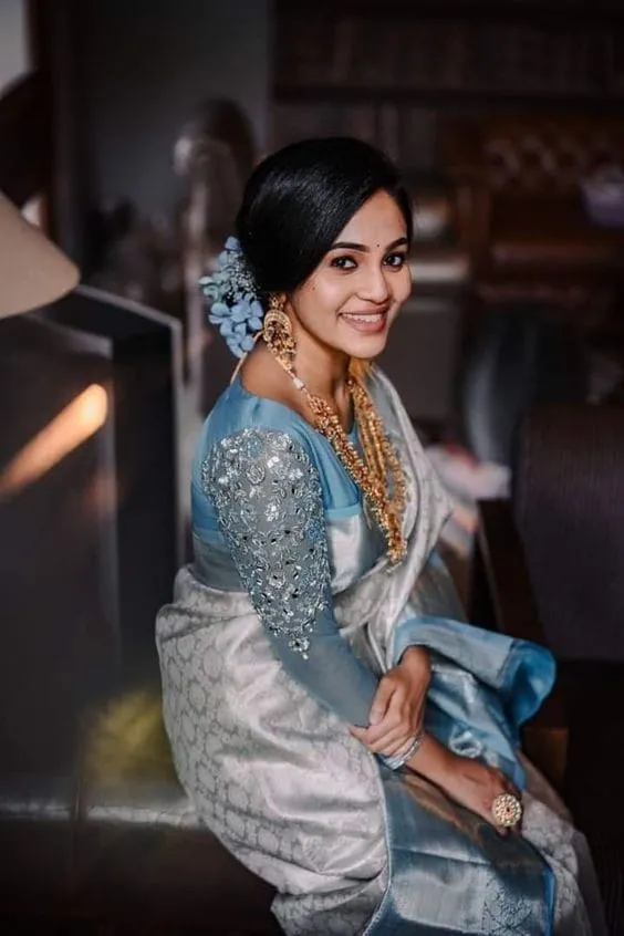 Heavenly Glow – Sky Blue Net Full Sleeves Designer Blouse