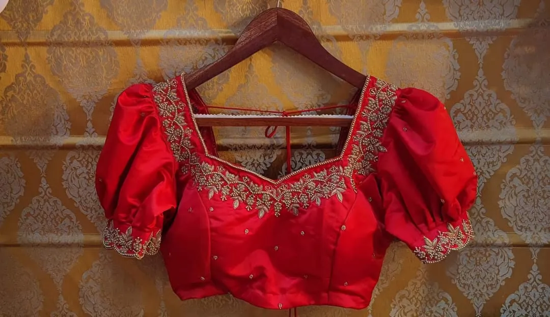 Scarlet Elegance – Red Cutwork Puff Sleeves Blouse