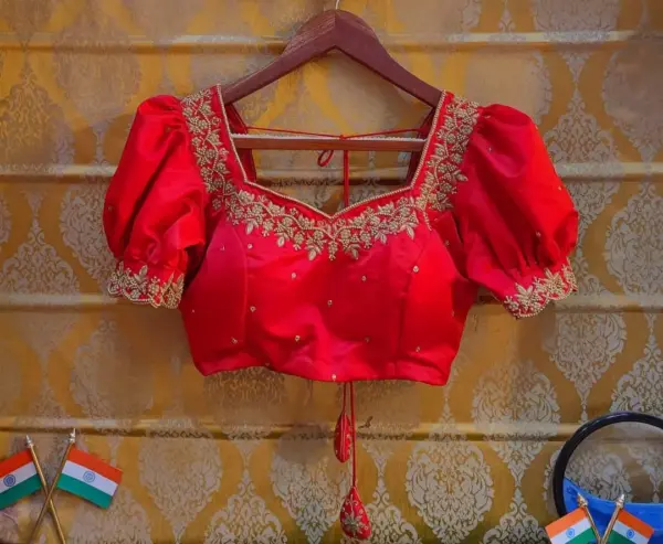 Scarlet Elegance – Red Cutwork Puff Sleeves Blouse
