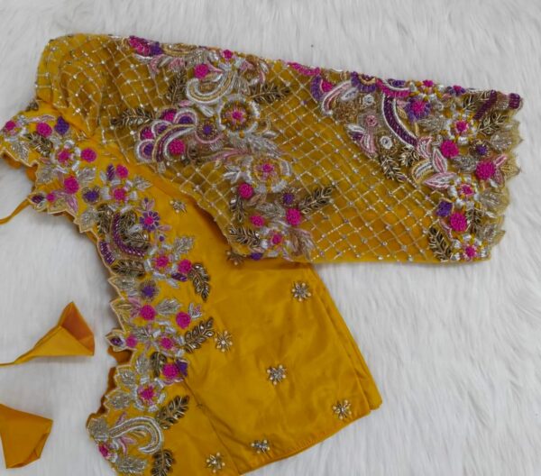 Exquisite Mustard Yellow Net Blouse with Multi-Thread Embroidery