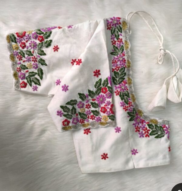 Elegant White Raw Silk Blouse with Multi-Color Thread Maggam Work