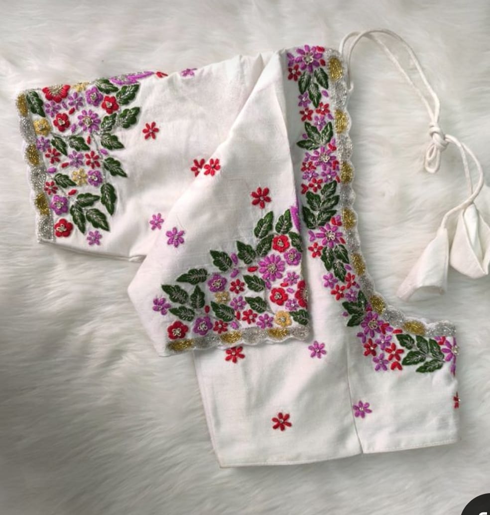 Elegant White Raw Silk Blouse with Multi-Color Thread Maggam Work