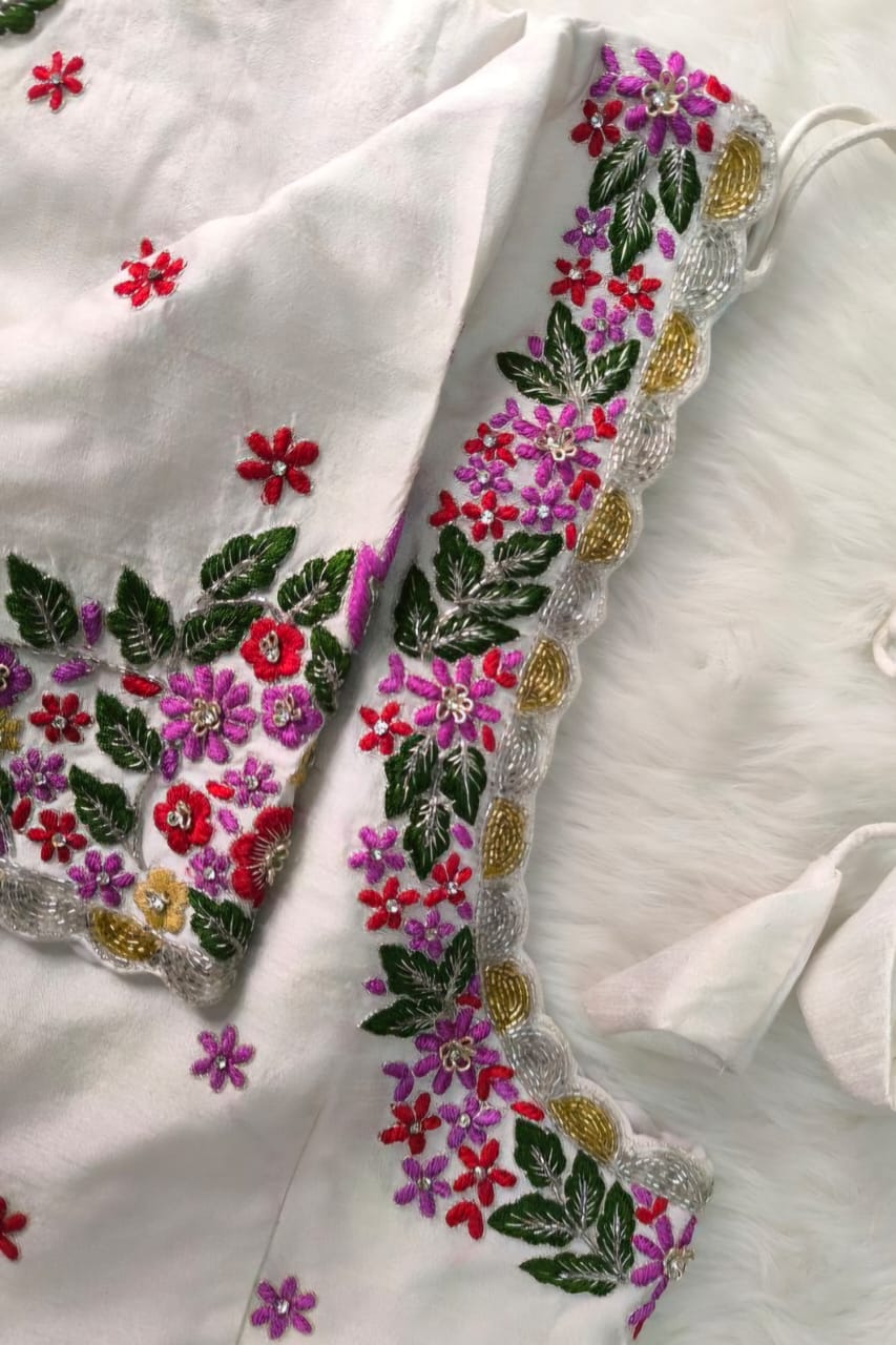 Elegant White Raw Silk Blouse with Multi-Color Thread Maggam Work - Image 2