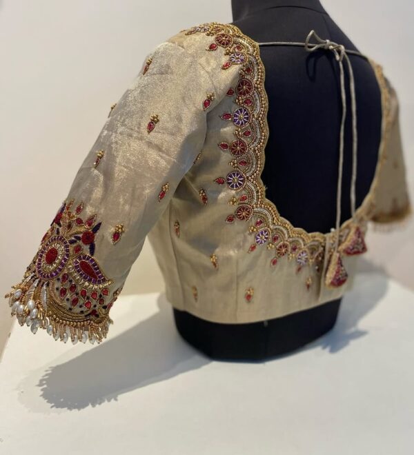 Exquisite Golden Tissue Peacock Kundan Work Blouse for Brides