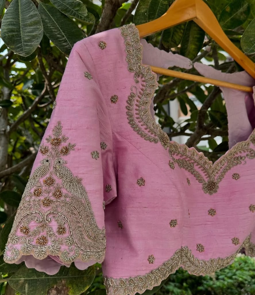 Baby Pink Bridal Blouse in Raw Silk with Cutwork and Zardosi