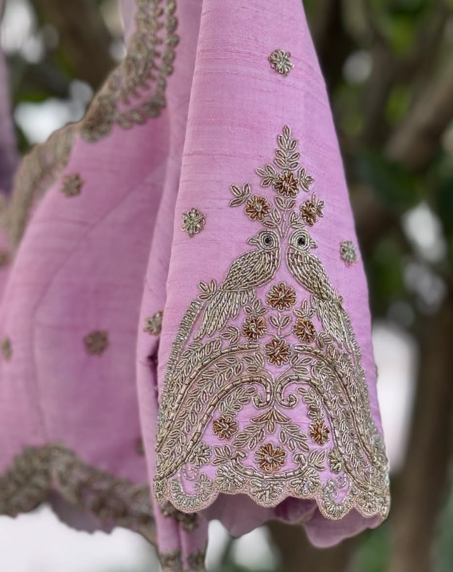Baby Pink Bridal Blouse in Raw Silk with Cutwork and Zardosi - Image 2