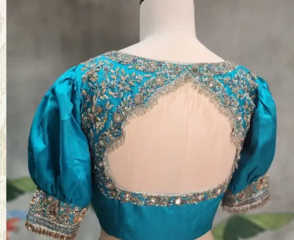 Azure Bliss – Blue Puff Sleeves All-Over Work Blouse