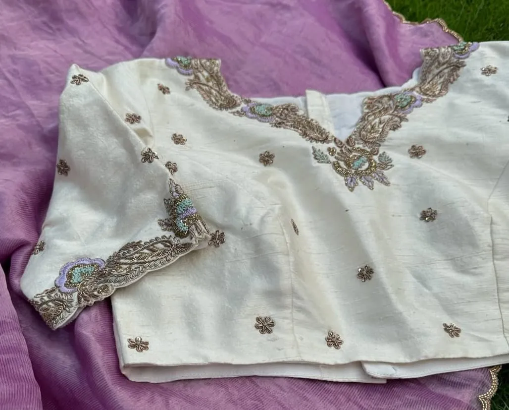 Chic Half White Cutwork Blouse in Premium Raw Silk