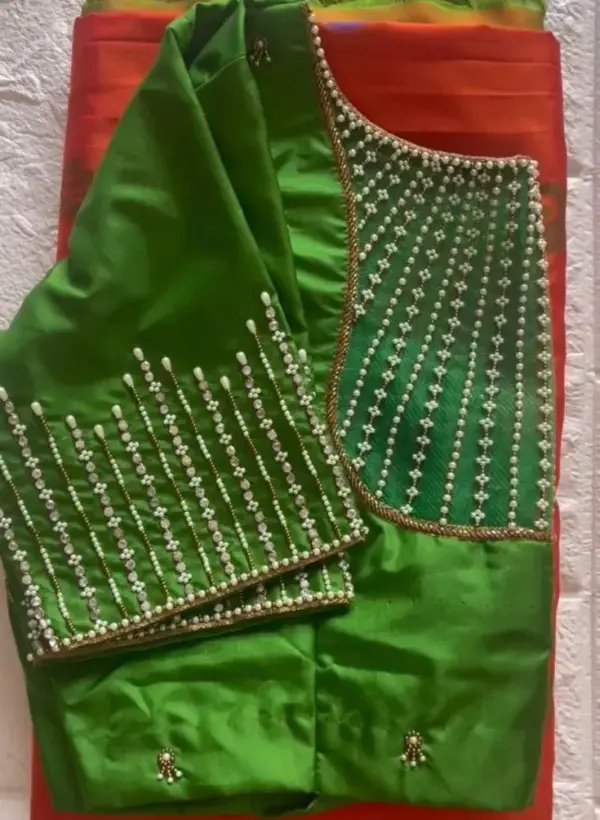 Dreamy Parrot Green Pearl Work Bridal Blouse