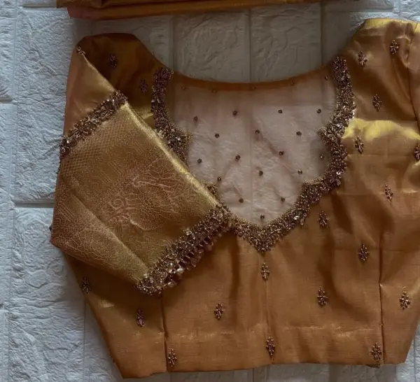Elegant Golden Net Blouse with Exquisite Zardosi Embroidery