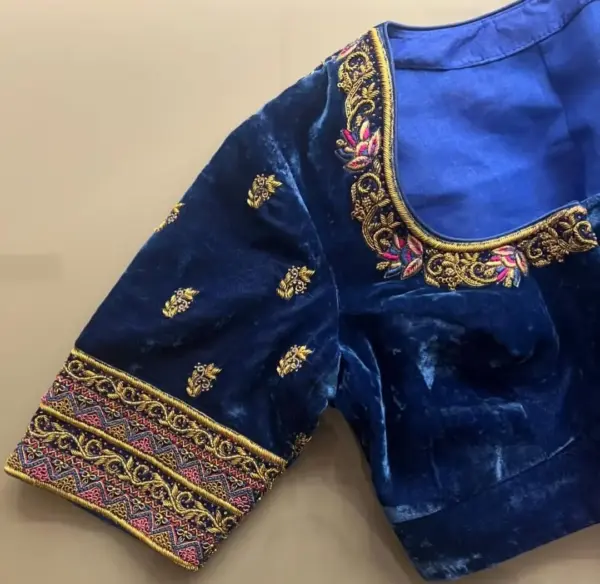 Exquisite Blue Velvet Aari Embroidered Blouse for Partywear