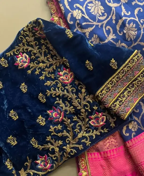 Exquisite Blue Velvet Aari Embroidered Blouse for Partywear