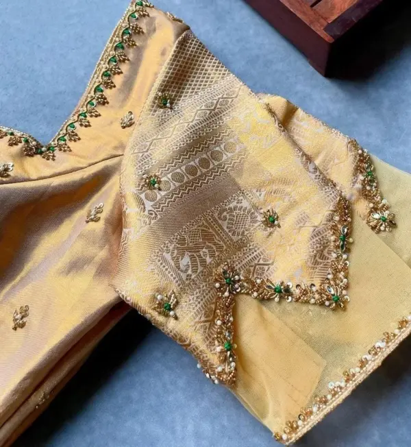 Gold Designer Aariwork Blouse – Drape Elegance Effortlessly