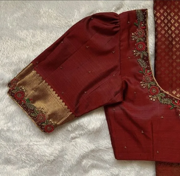 Graceful Red Puff Sleeves Blouse with Elegant Handwork