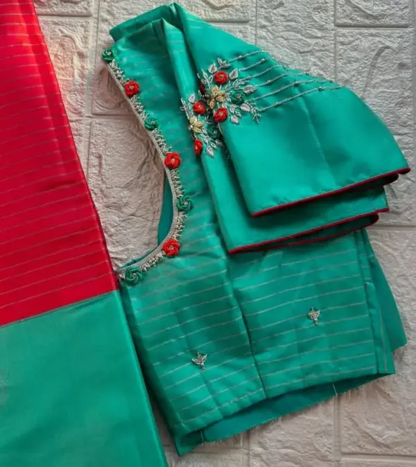 Green Rose Work Blouse – Elegant Floral Embroidery for Every Occasion