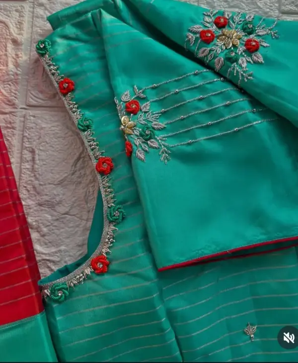 Green Rose Work Blouse – Elegant Floral Embroidery for Every Occasion