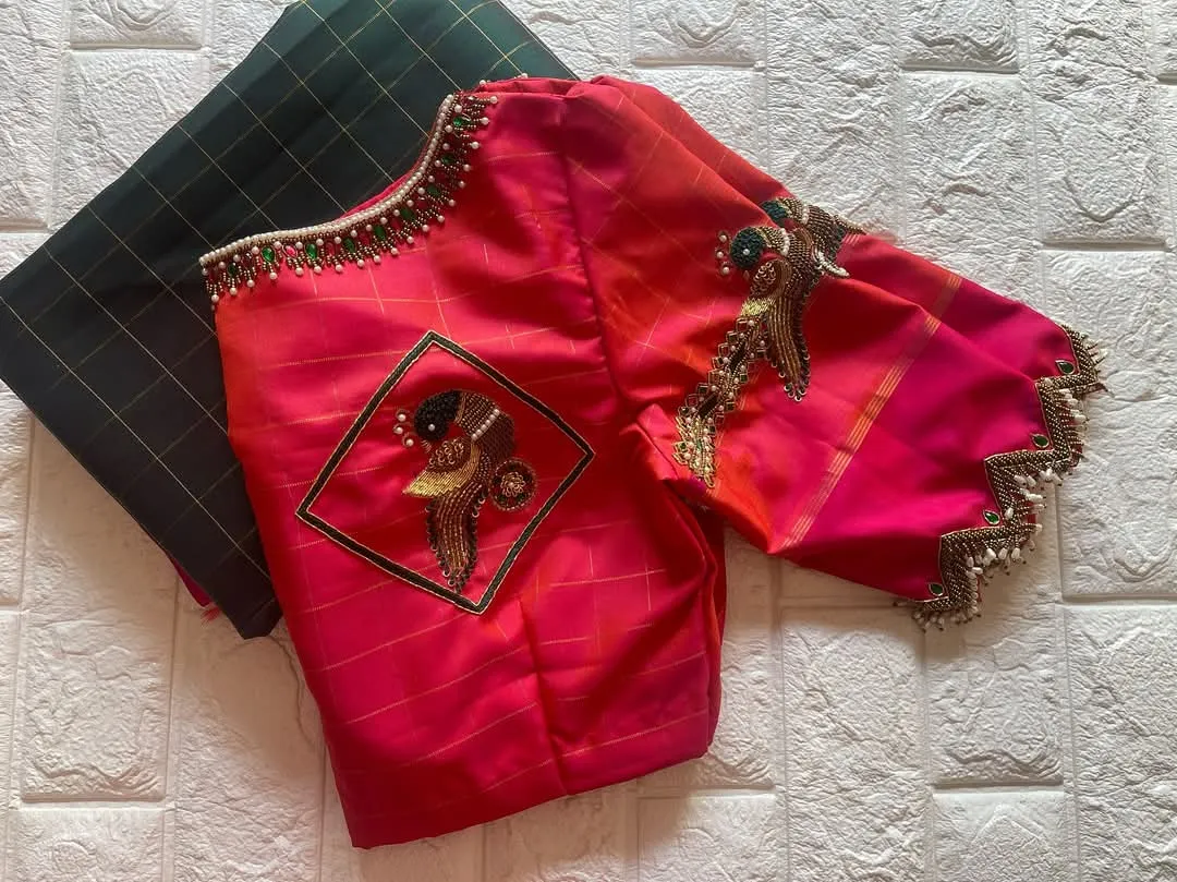 Latest Red Peacock Maggam Blouse – Handcrafted Boat Neck Perfection