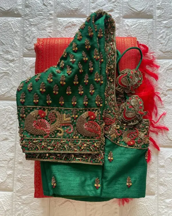 Majestic Green Peacock Maggam Work Blouse – Ultimate Bridal Elegance