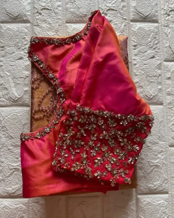 Orange-Pink Kundan Pot Neck Blouse – Graceful Bridal Wear