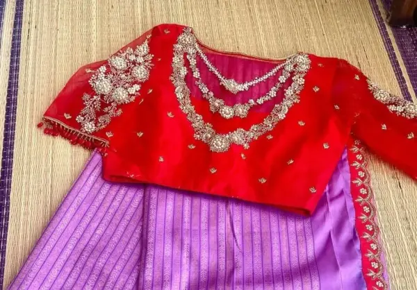 Red High Neck Blouse with Elegant Net Embroidery