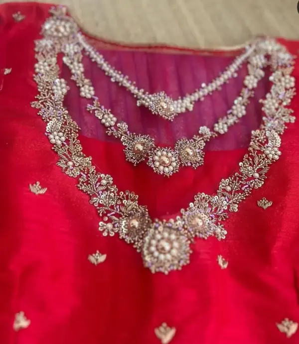 Red High Neck Blouse with Elegant Net Embroidery