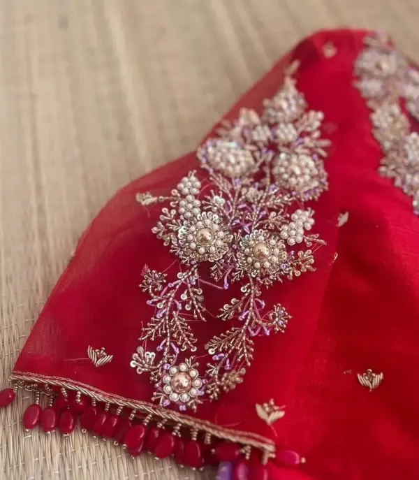 Red High Neck Blouse with Elegant Net Embroidery