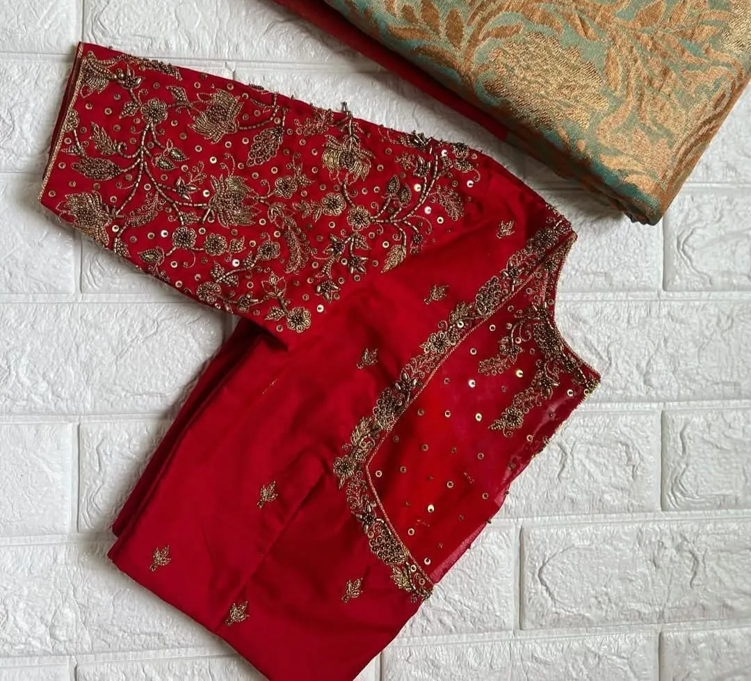 Stunning Red Net Blouse with Boat Neck Design
