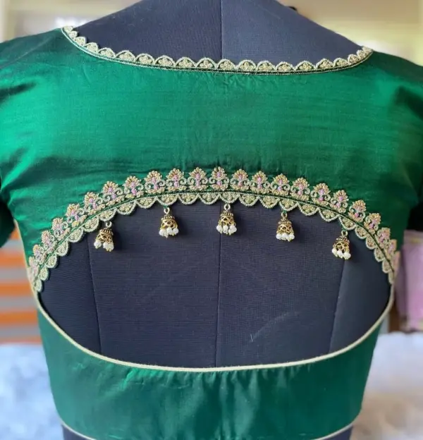 Stylish Green Puff Sleeves Blouse with Zari Work Detailing