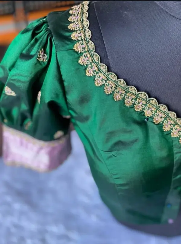 Stylish Green Puff Sleeves Blouse with Zari Work Detailing