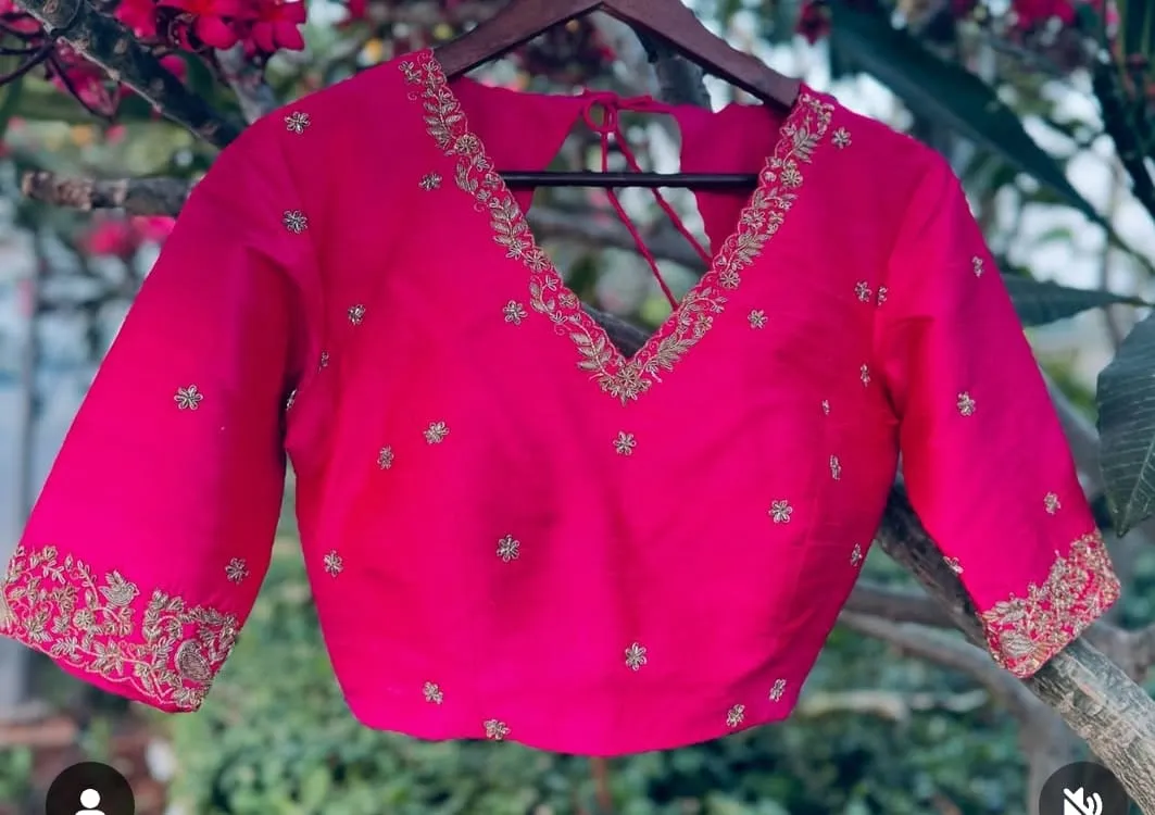Stylish Pink V-Neck Aariwork Blouse for Weddings
