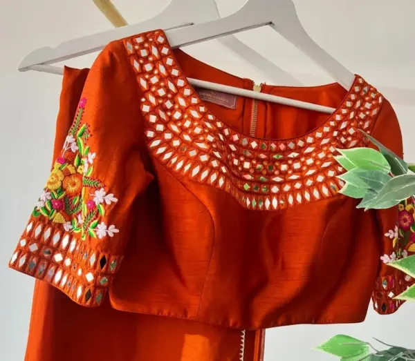Sunset Glow – Orange Mirror Boat Neck Designer Blouse
