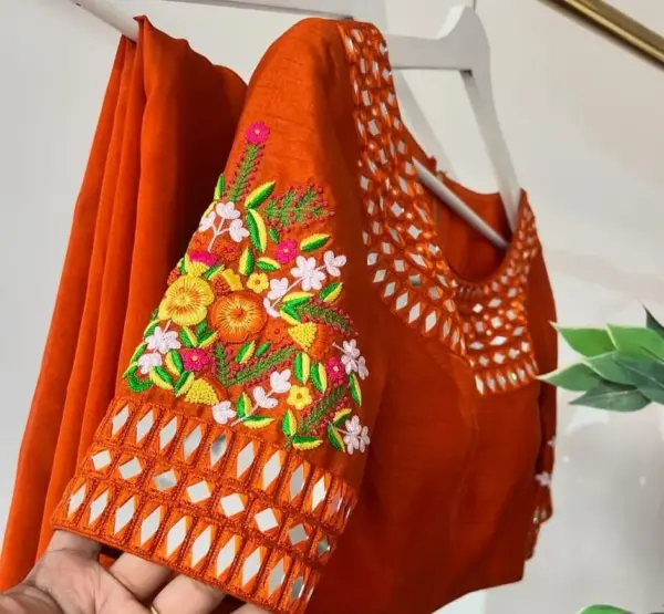 Sunset Glow – Orange Mirror Boat Neck Designer Blouse
