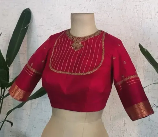 Vibrant Red High Neck Maggam Blouse with Exquisite Embroidery