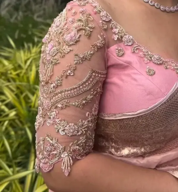 Radiant Baby Pink Net Work Designer Blouse for Brides