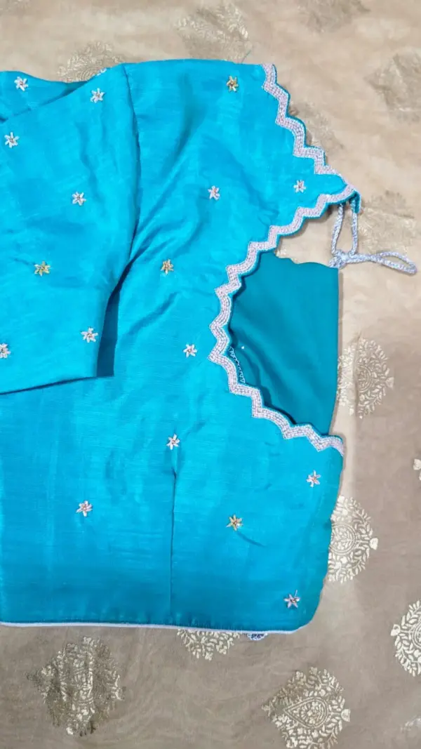 Blue Raw Silk Cutwork Blouse – Elegant & Timeless