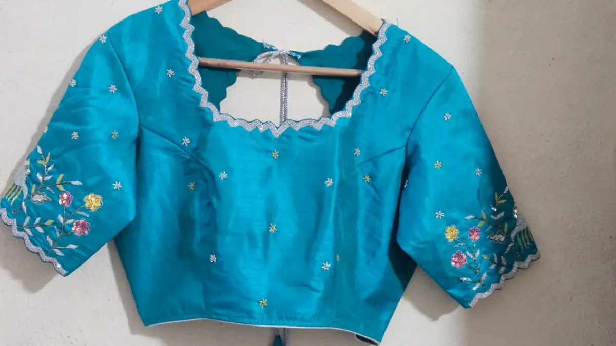 Blue Raw Silk Cutwork Blouse – Elegant & Timeless 3