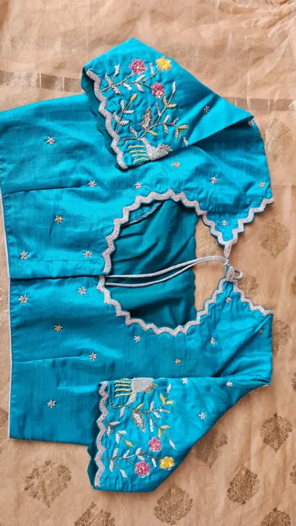 Blue Raw Silk Cutwork Blouse – Elegant & Timeless