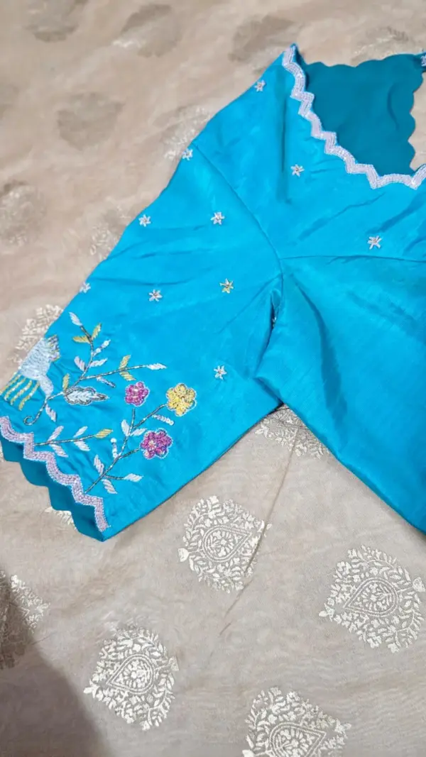 Blue Raw Silk Cutwork Blouse – Elegant & Timeless