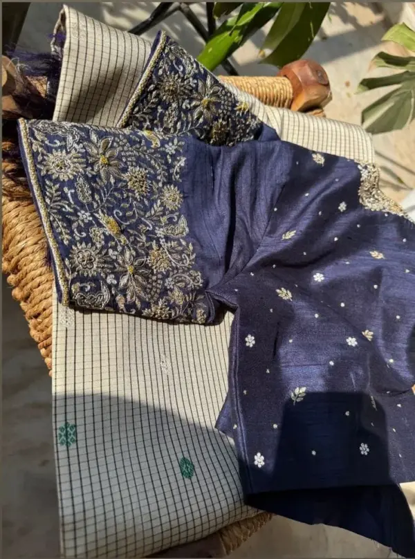 Handmade Navy Blue Raw Silk Blouse with Intricate Floral Work