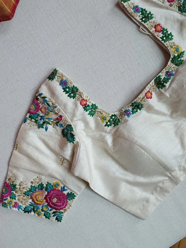 Elegant Half White Raw Silk Blouse with Thread Maggam Work