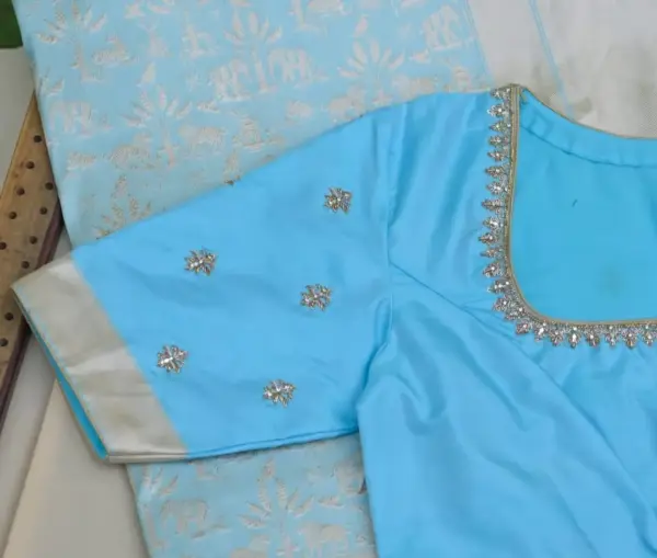 Minimalist Powder Blue Boat Neck Party Wear Blouse