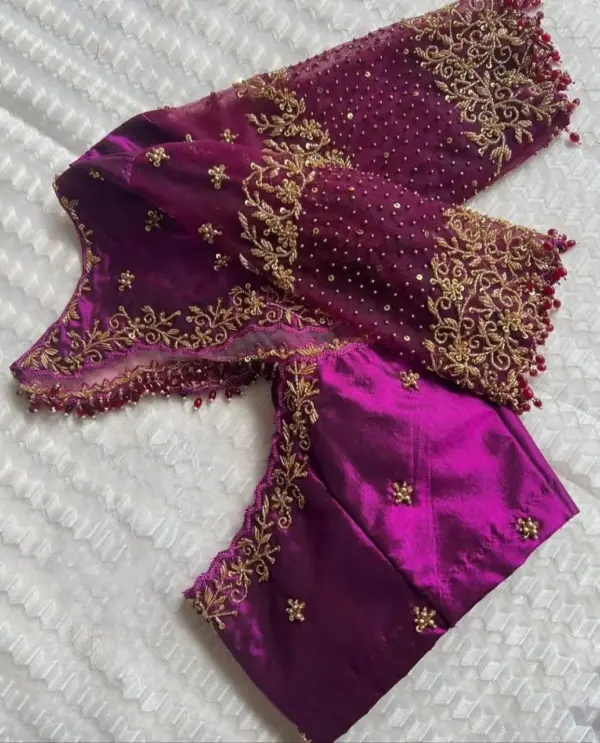 Purple Pink Net Aari Work Blouse