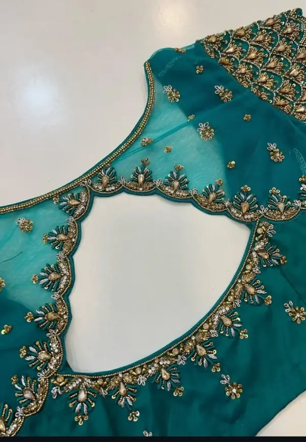 Stylish Rama Green Net Embroidered Blouse