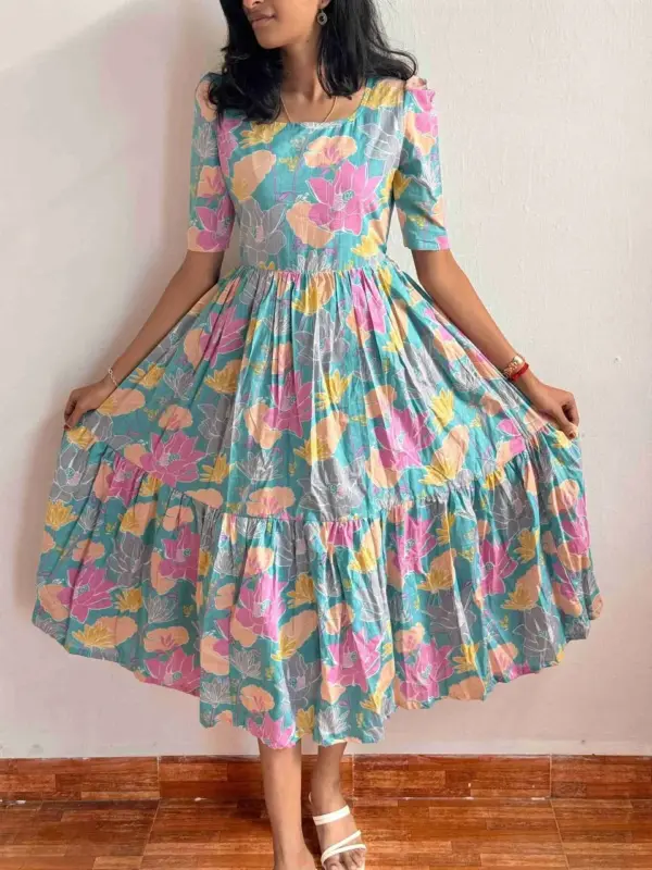 Elegant Blue Floral Printed Maxi Dress