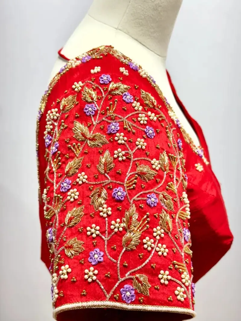 Enchanting Glory – Luxe Red Designer Blouse Crafted for Bridal Grandeur