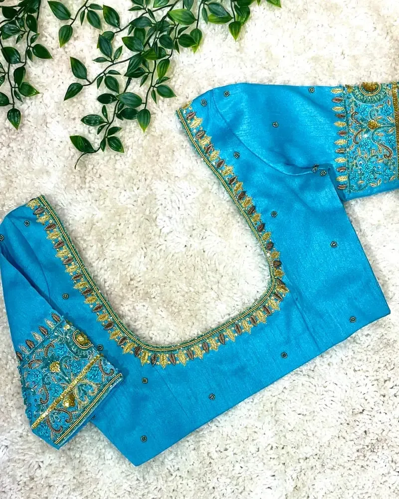 Ethereal Elegance – Sky Blue Maggam Work Blouse for Divine Looks