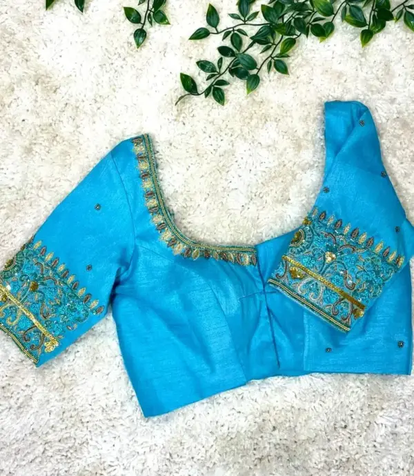 Ethereal Elegance – Sky Blue Maggam Work Blouse for Divine Looks